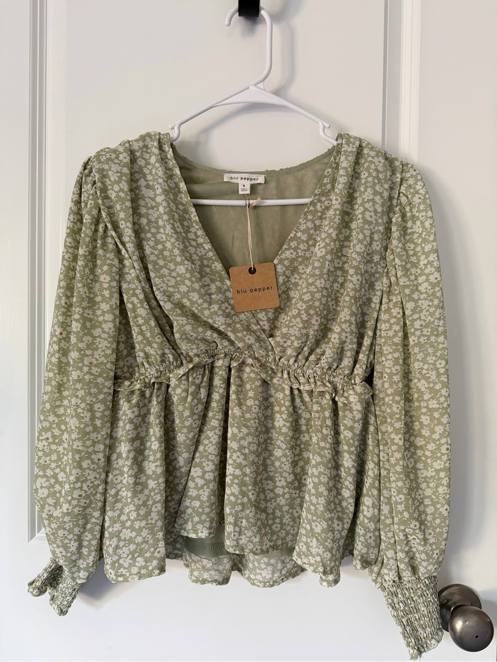 Blu Pepper Small Sage Green Floral Peplum Top